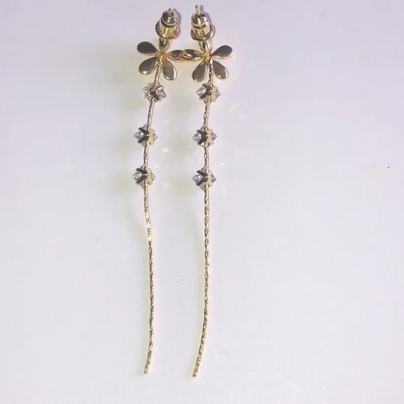 Gold Tone CZ Rhinestone Flower Dangling Pierced Earrings - Picture 5 of 6